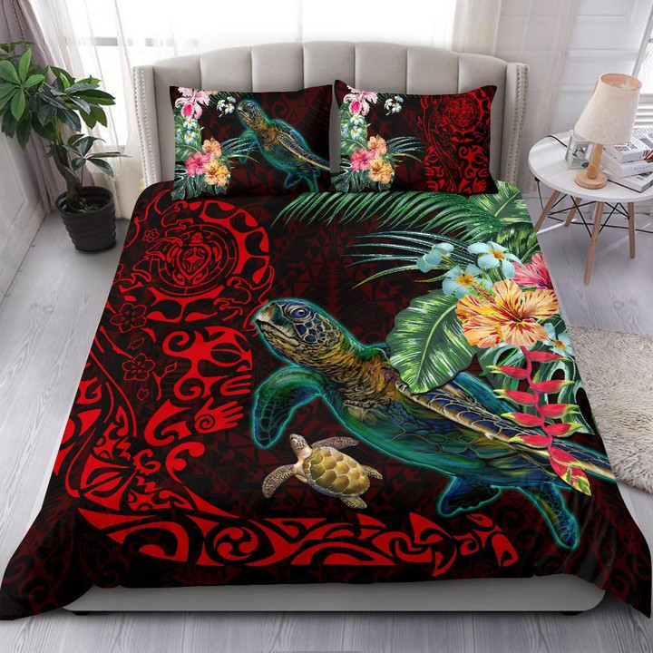 Tiki Polynesian Bedding Set Turtle Hibiscus - Red K4