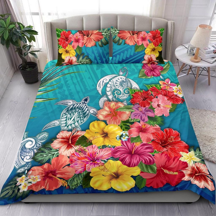 Three Turtle Polynesian Bedding Set Hibiscus Colorful Th5
