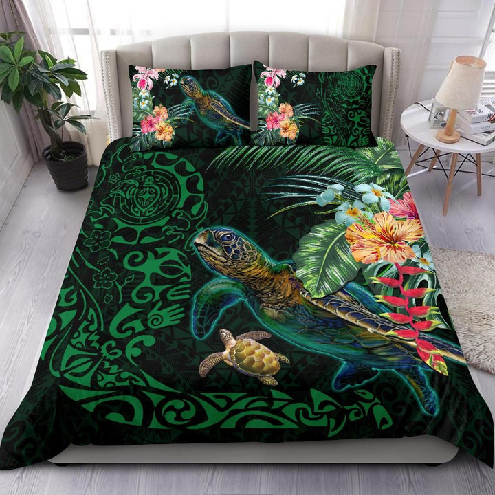 Tiki Polynesian Bedding Set Turtle Hibiscus - Green K4