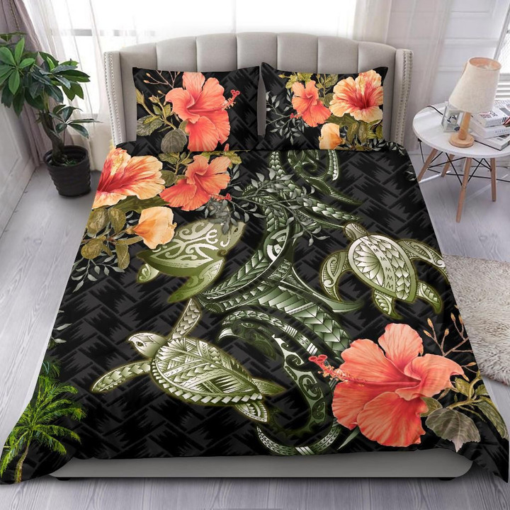 Three Turtle Bedding Set Polynesian Hibiscus Duvet Cover And Pillow Case Th5