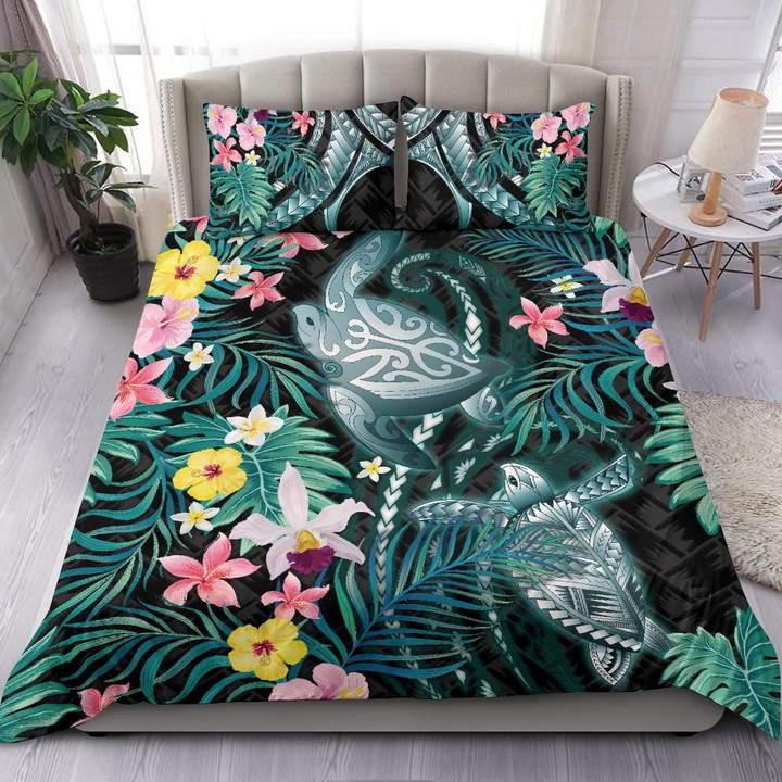 Turtle Bedding Set Hibiscus Palm Leaves Duvet Cover And Pillow Case Th5