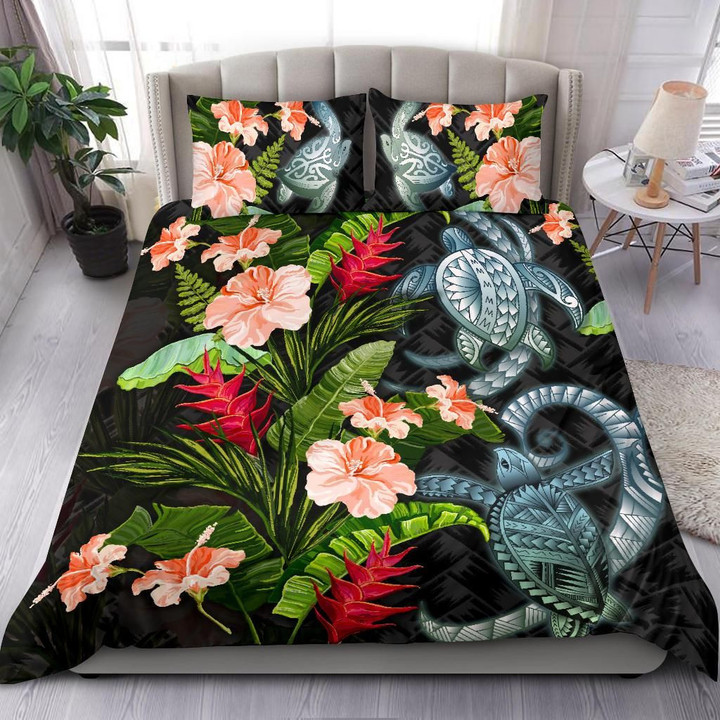 Turtle Bedding Set Palm Leaves Mix Hibiscus Th5