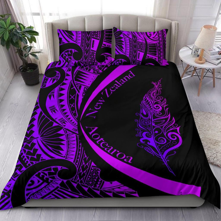 Light Silver Fern Maori Bedding Set Circle Style, Purple J95