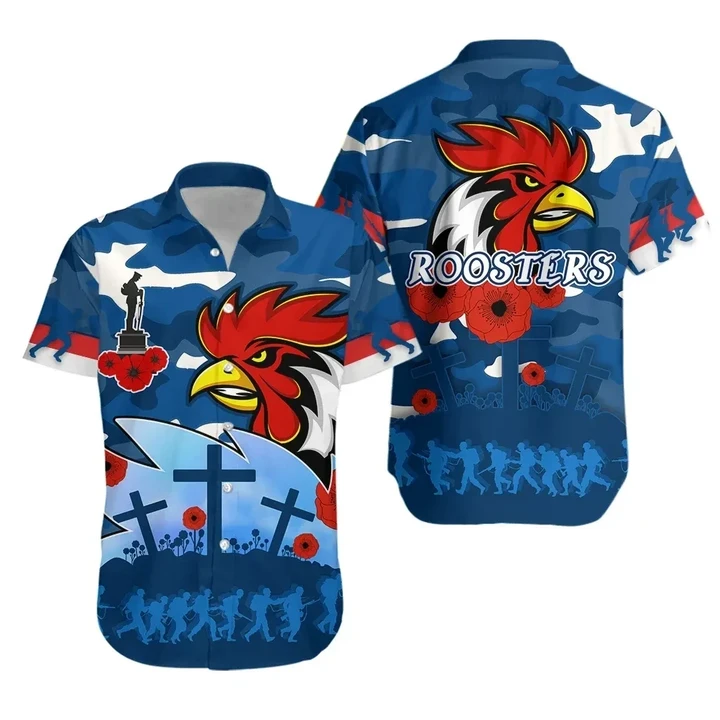Rugby Life Shirt - Roosters Anzac Day Hawaiian Shirt Military - Blue K13
