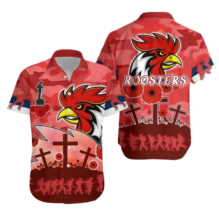Rugby Life Shirt - Roosters Anzac Day Hawaiian Shirt Military - Red K13
