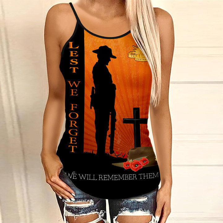 (Custom) Anzac Day Lest We Forget Soldier Standing Guard Criss Cross Tank Top A35