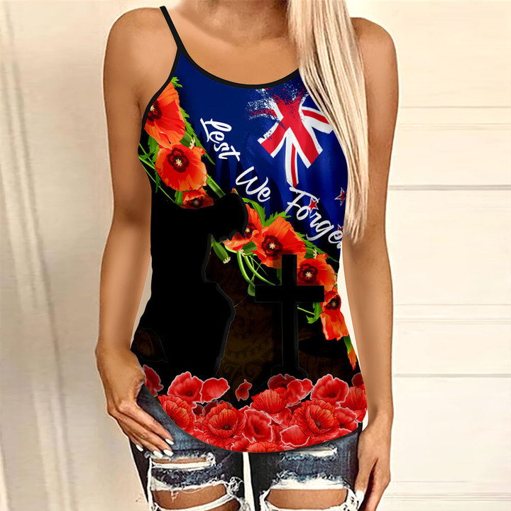 Love New Zealand Clothing - Anzac Day Poppy And Fern - Criss Cross Tanktop A95 | Love New Zealand