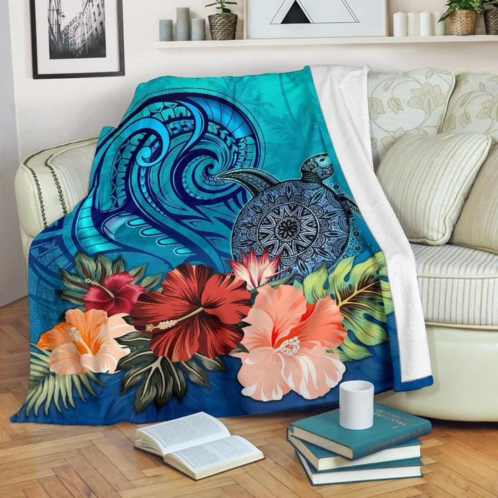 Turtle Polynesian Premium Blanket Hibiscus Polynesian Blue TH5