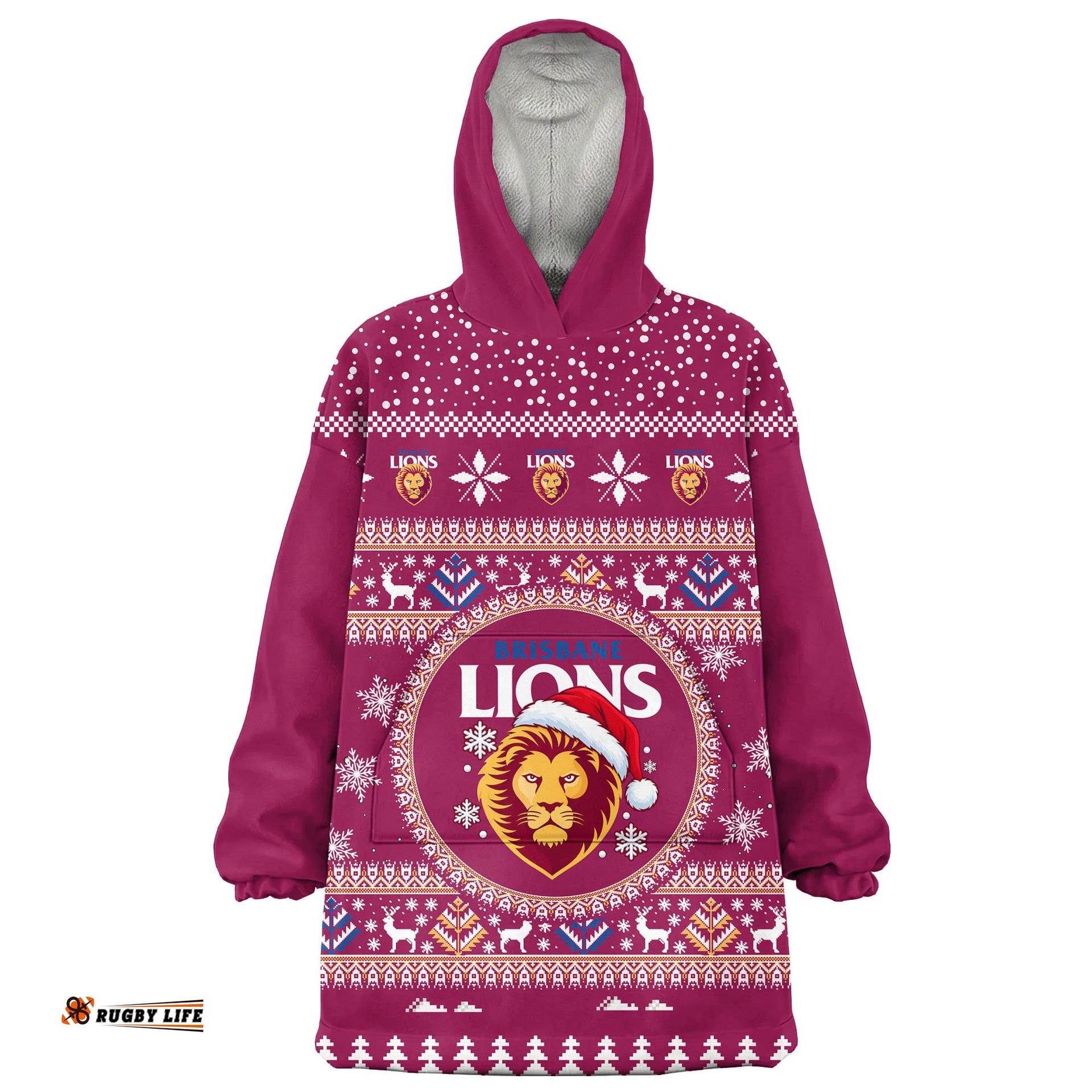 Brisbane Lions Ugly Christmas Faux Knit Blanket Hoodie – Xmas Holiday Gift Pullover