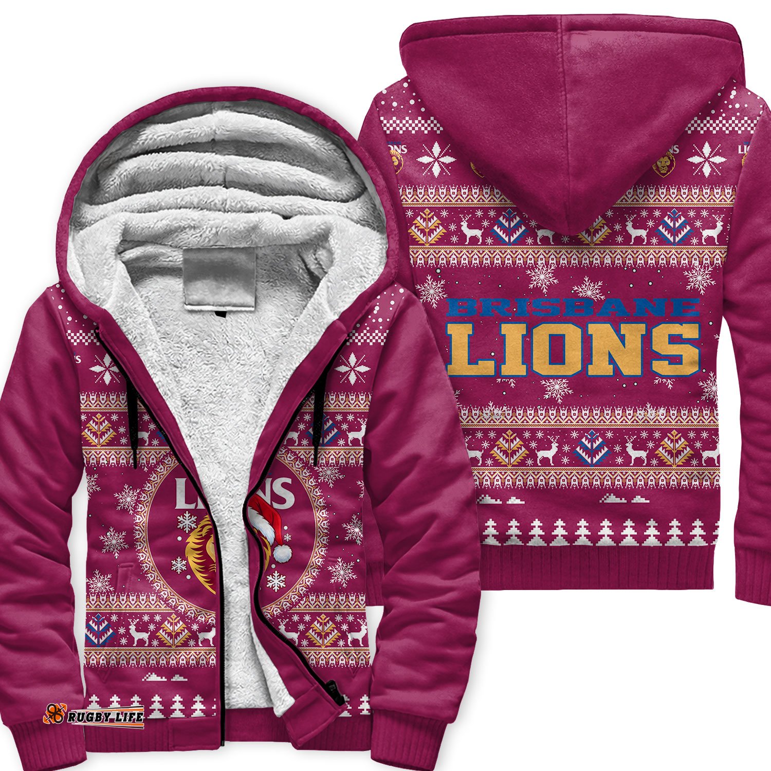 Brisbane Lions Ugly Christmas Faux Knit Sherpa Hoodie – Xmas Holiday Gift Pullover