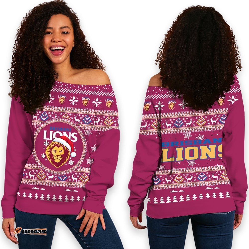 Brisbane Lions Ugly Christmas Faux Knit Women's Off Shoulder Sweatshirt – Xmas Holiday Gift Pullover