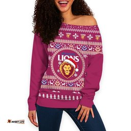 Brisbane Lions Ugly Christmas Faux Knit Women's Off Shoulder Sweatshirt – Xmas Holiday Gift Pullover