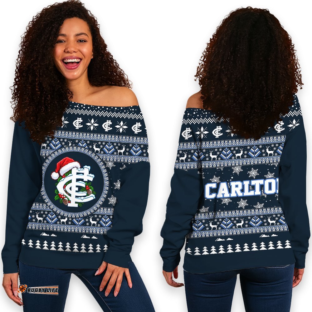 Carlton Ugly Christmas Faux Knit Women's Off Shoulder Sweatshirt – Xmas Holiday Gift Pullover