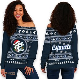 Carlton Ugly Christmas Faux Knit Women's Off Shoulder Sweatshirt – Xmas Holiday Gift Pullover