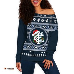 Carlton Ugly Christmas Faux Knit Women's Off Shoulder Sweatshirt – Xmas Holiday Gift Pullover