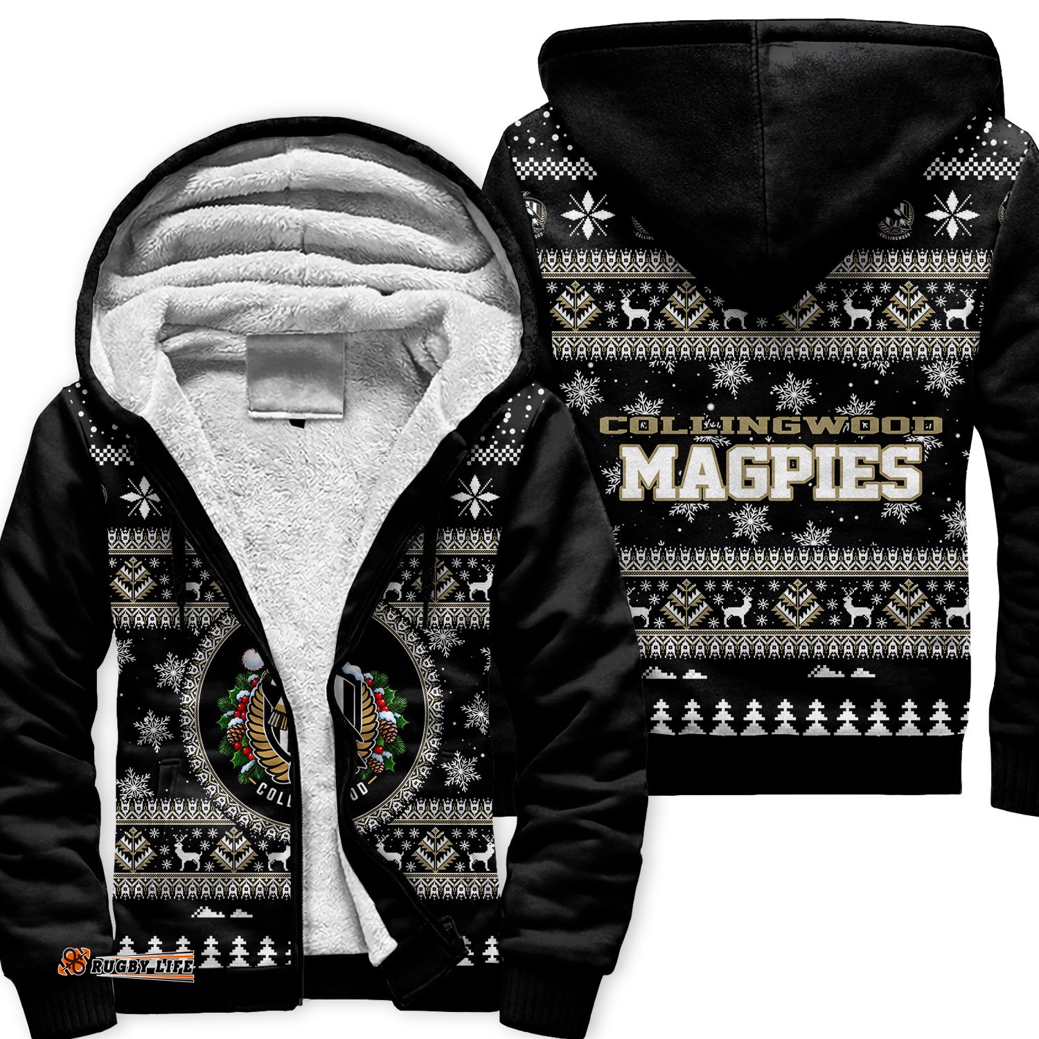 Collingwood Magpies Ugly Christmas Faux Knit Sherpa Hoodie – Xmas Holiday Gift Pullover