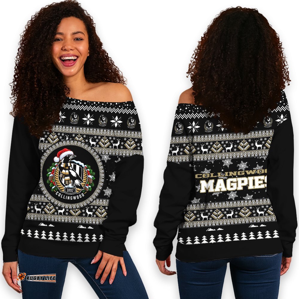 Collingwood Magpies Ugly Christmas Faux Knit Women's Off Shoulder Sweatshirt – Xmas Holiday Gift Pullover
