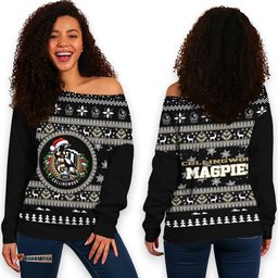 Collingwood Magpies Ugly Christmas Faux Knit Women's Off Shoulder Sweatshirt – Xmas Holiday Gift Pullover