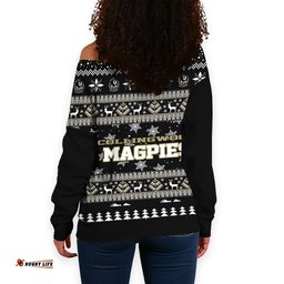 Collingwood Magpies Ugly Christmas Faux Knit Women's Off Shoulder Sweatshirt – Xmas Holiday Gift Pullover