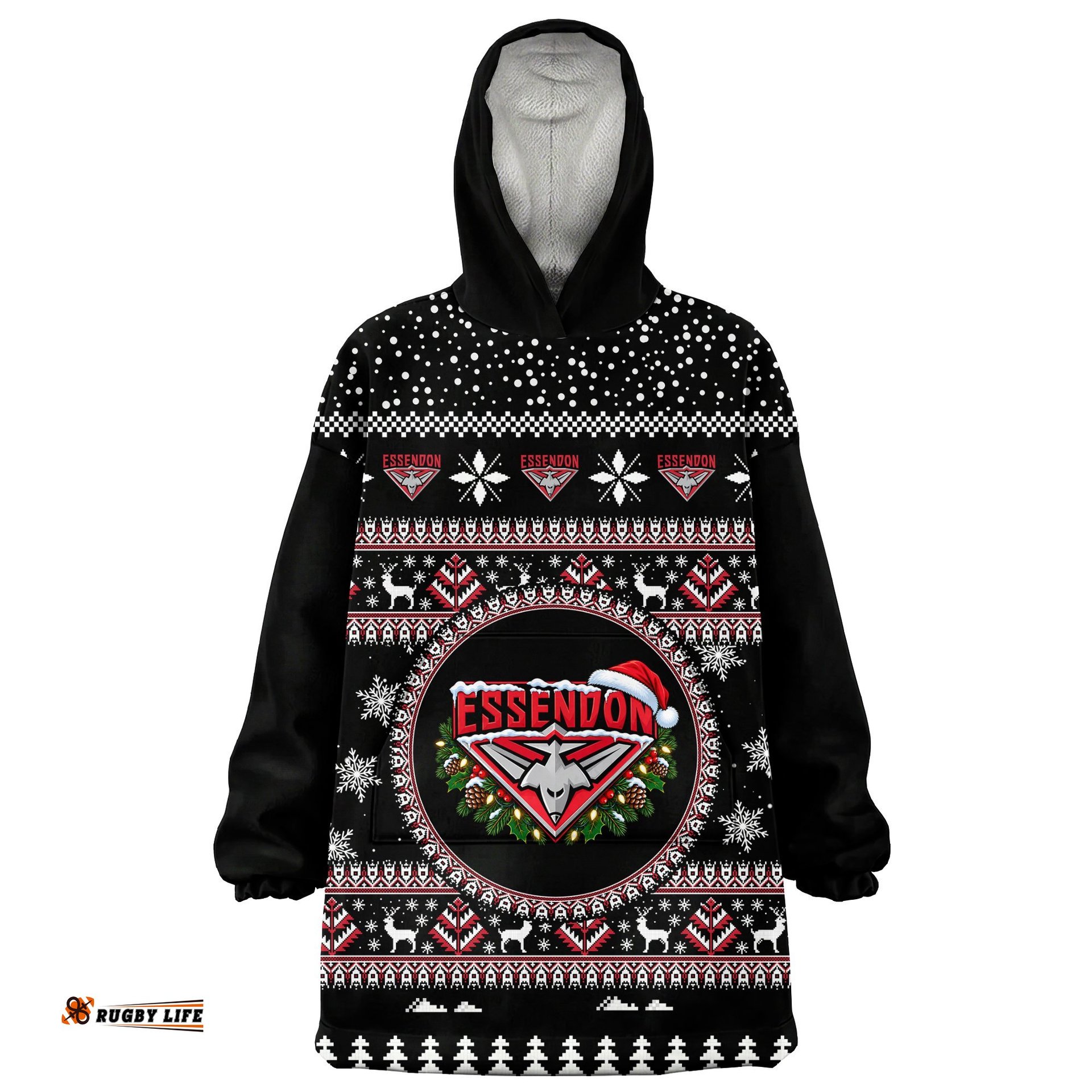 Essendon Bombers Ugly Christmas Faux Knit Blanket Hoodie – Xmas Holiday Gift Pullover