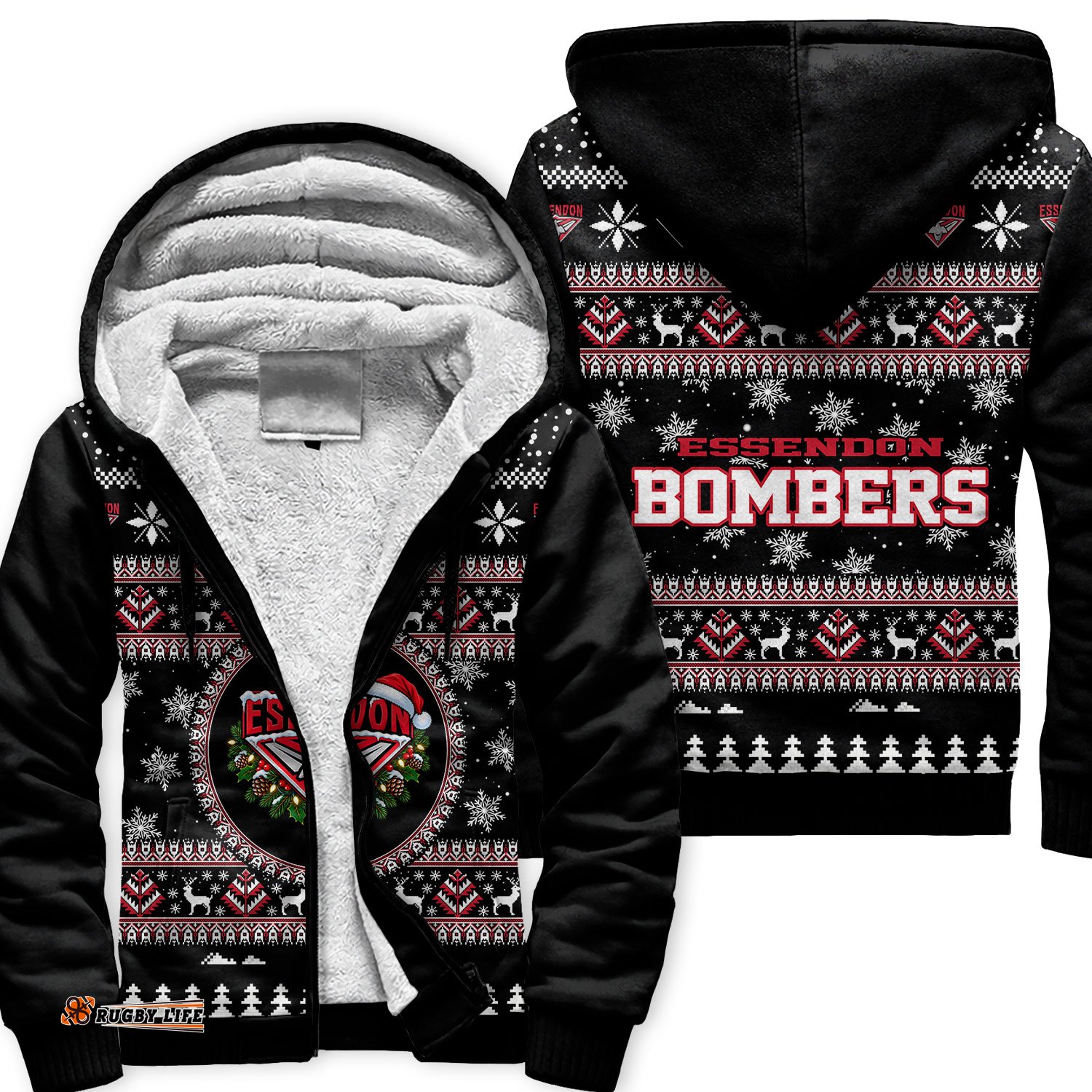 Essendon Bombers Ugly Christmas Faux Knit Sherpa Hoodie – Xmas Holiday Gift Pullover