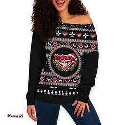 Essendon Bombers Ugly Christmas Faux Knit Women's Off Shoulder Sweatshirt – Xmas Holiday Gift Pullover