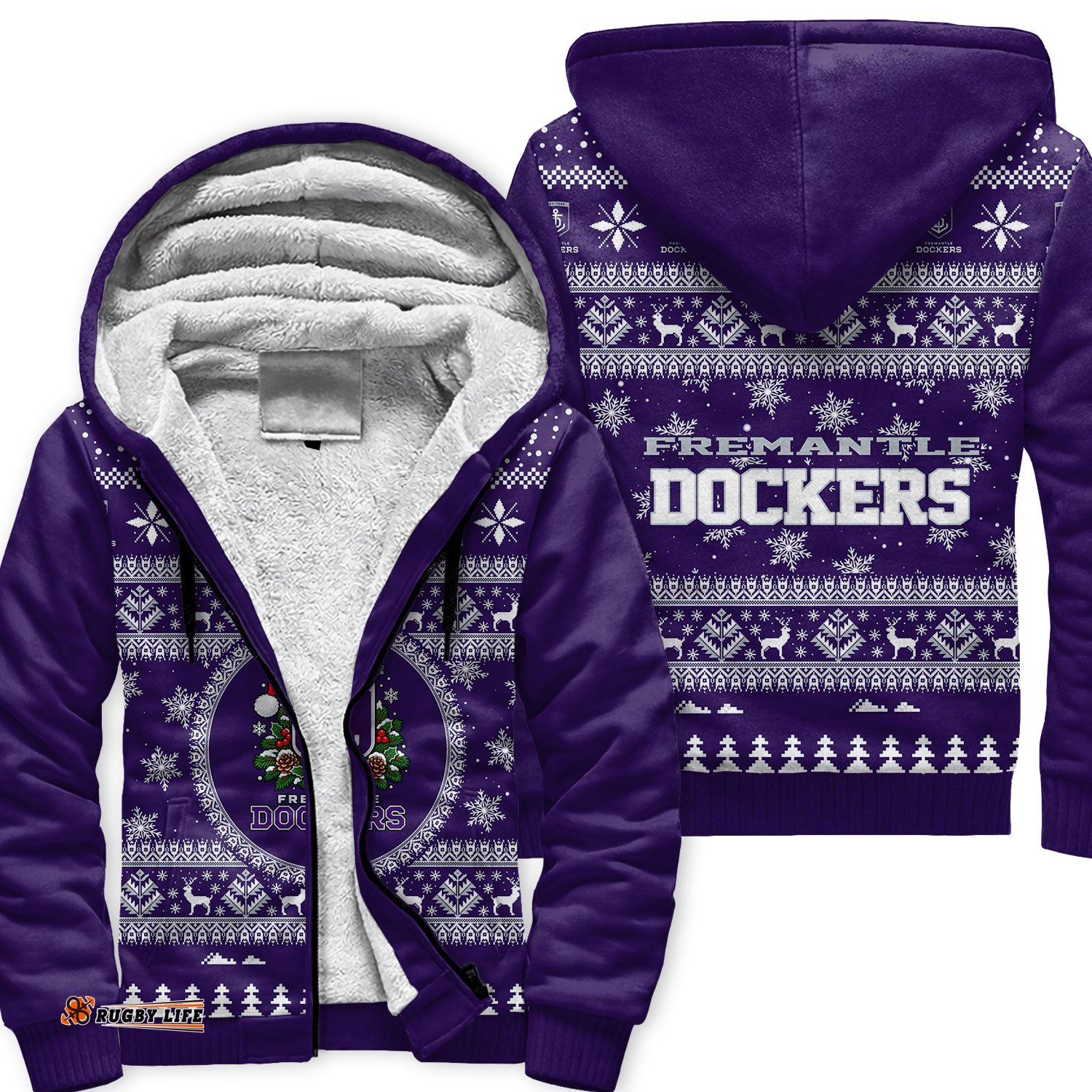 Fremantle Dockers Ugly Christmas Faux Knit Sherpa Hoodie – Xmas Holiday Gift Pullover