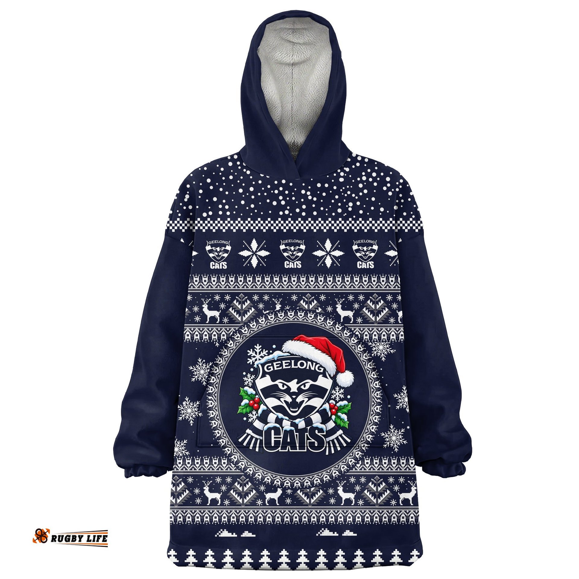 Geelong Cats Ugly Christmas Faux Knit Blanket Hoodie – Xmas Holiday Gift Pullover