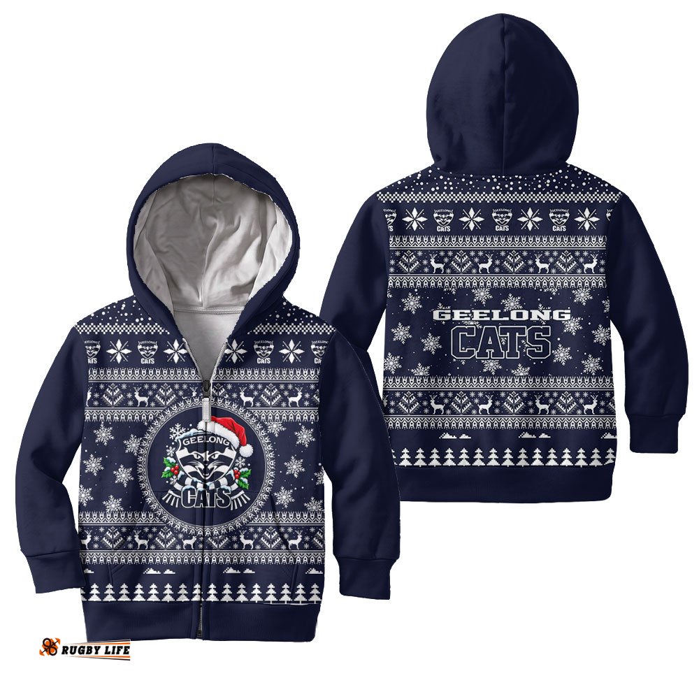 Geelong Cats Ugly Faux Knit Christmas Kids Hoodie – Xmas Holiday Gift Pullover