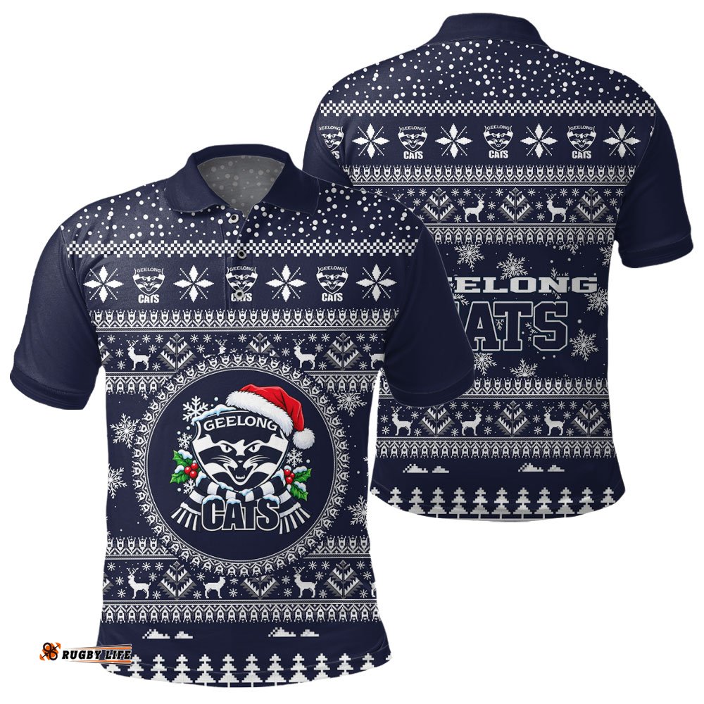 Geelong Cats Ugly Christmas Faux Knit Polo Shirt – Xmas Holiday Gift Pullover