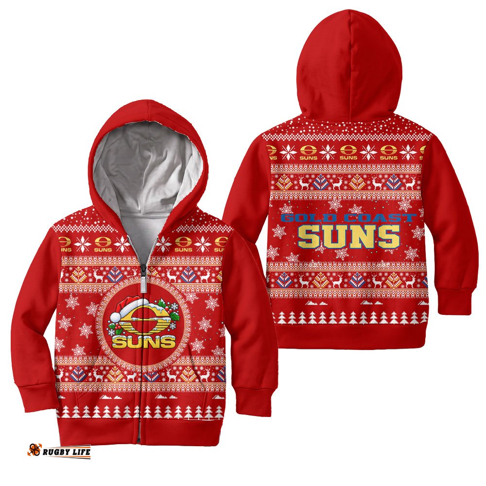 Gold Coast Suns Ugly Faux Knit Christmas Kids Hoodie – Xmas Holiday Gift Pullover