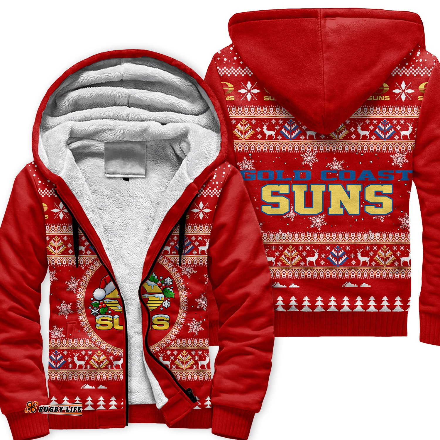Gold Coast Suns Ugly Christmas Faux Knit Sherpa Hoodie – Xmas Holiday Gift Pullover