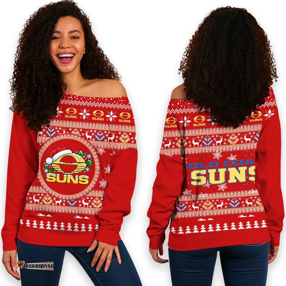Gold Coast Suns Ugly Christmas Faux Knit Women's Off Shoulder Sweatshirt – Xmas Holiday Gift Pullover
