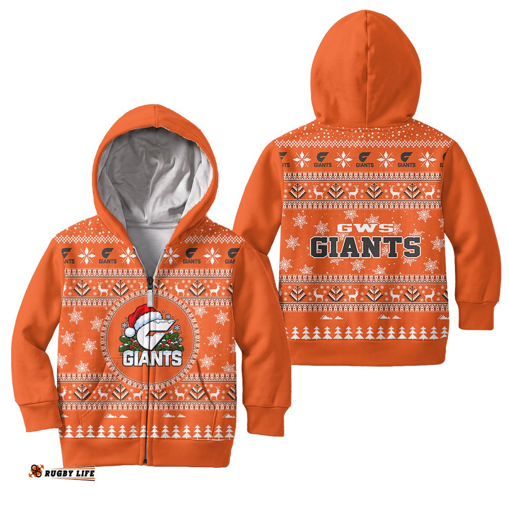 GWS Giants Ugly Faux Knit Christmas Kids Hoodie – Xmas Holiday Gift Pullover