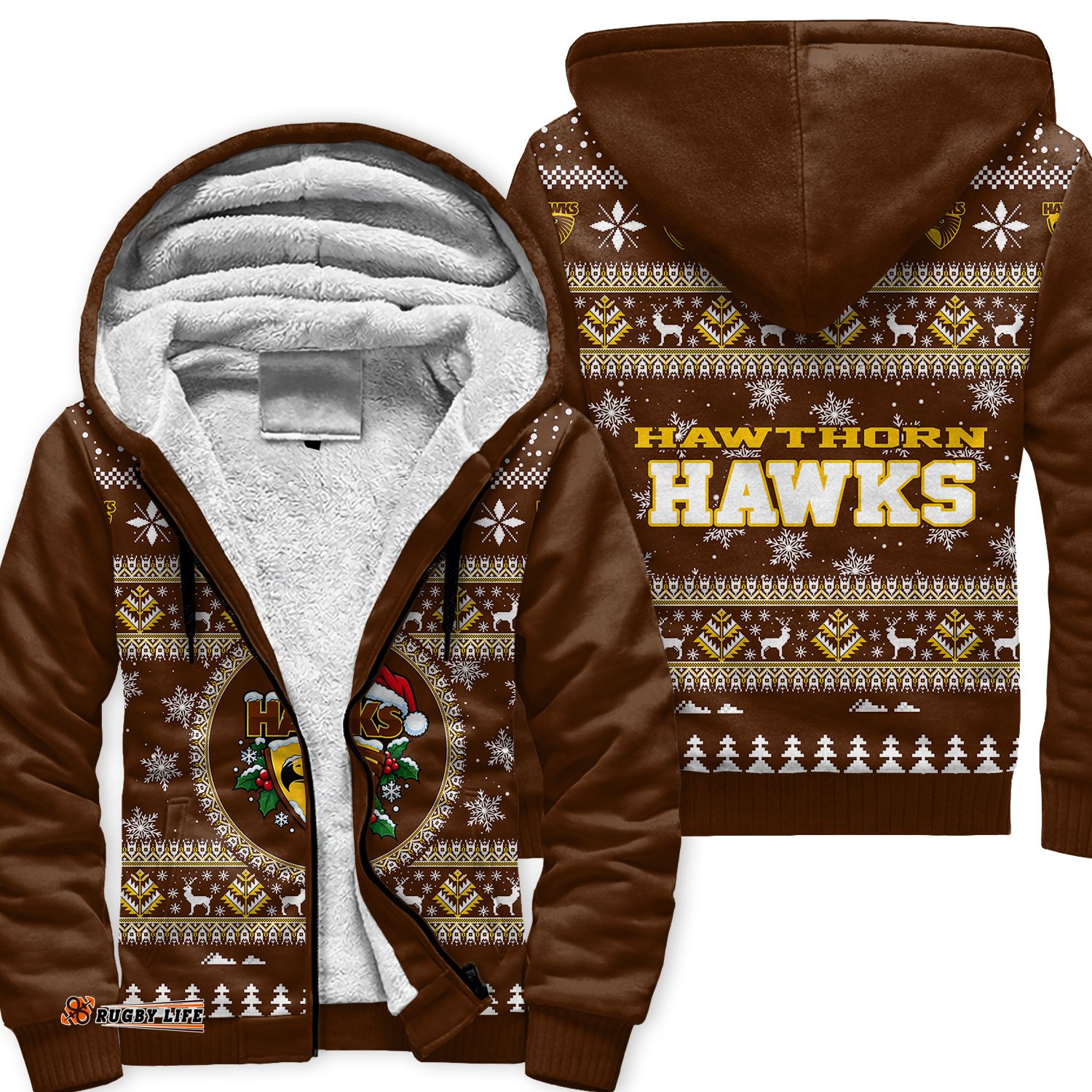 Hawthorn Hawks Ugly Christmas Faux Knit Sherpa Hoodie – Xmas Holiday Gift Pullover