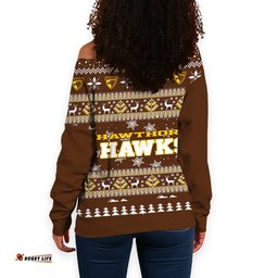 Hawthorn Hawks Ugly Christmas Faux Knit Women's Off Shoulder Sweatshirt – Xmas Holiday Gift Pullover