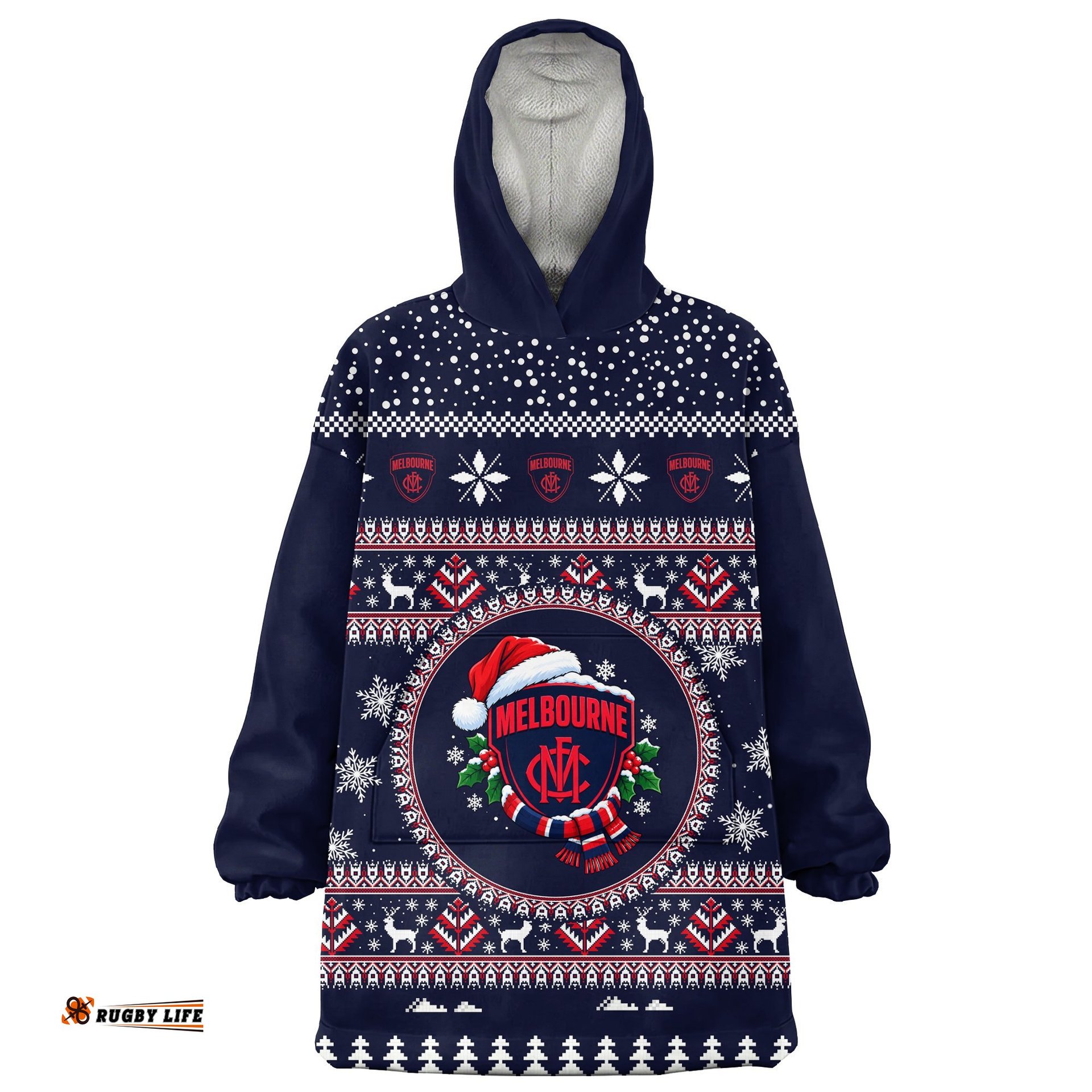 Melbourne Demons Ugly Christmas Faux Knit Blanket Hoodie – Xmas Holiday Gift Pullover