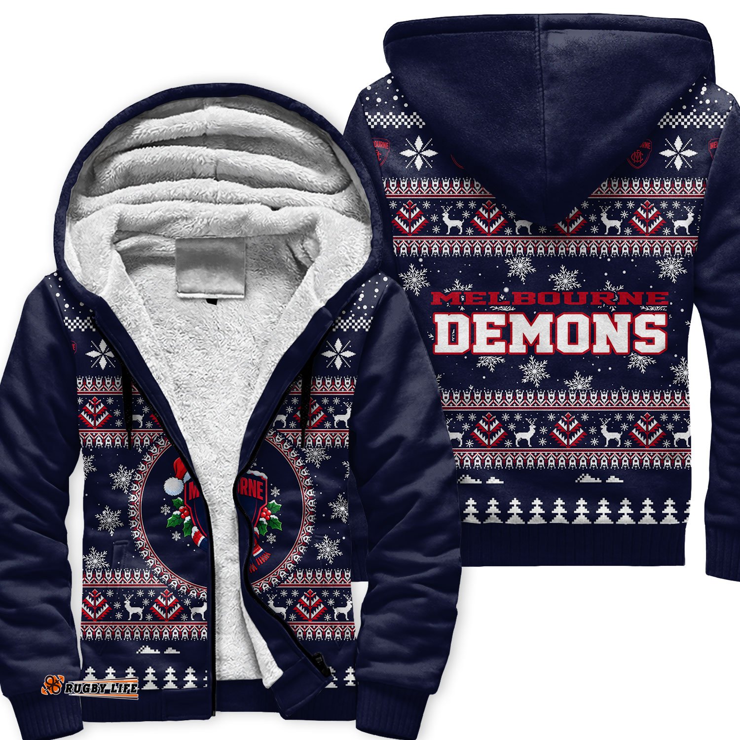 Melbourne Demons Ugly Christmas Faux Knit Sherpa Hoodie – Xmas Holiday Gift Pullover