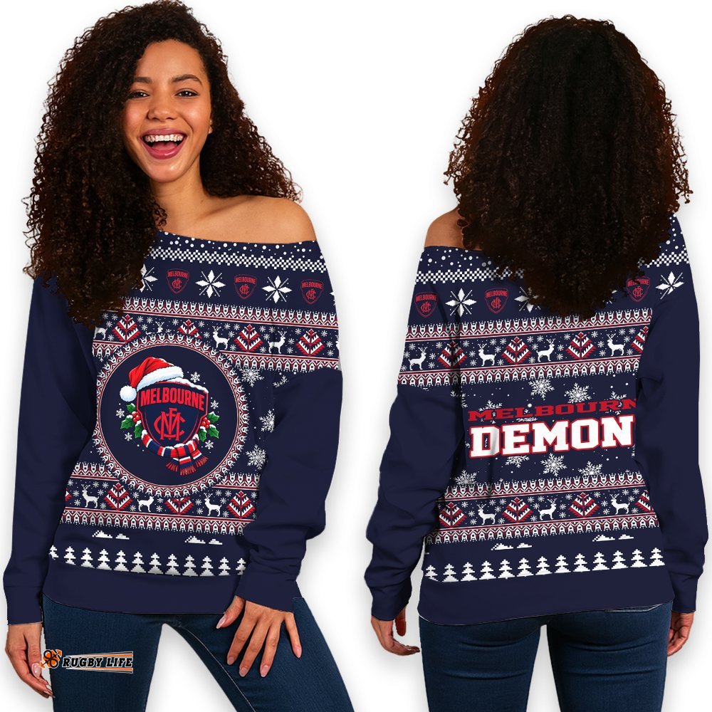 Melbourne Demons Ugly Christmas Faux Knit Women's Off Shoulder Sweatshirt – Xmas Holiday Gift Pullover