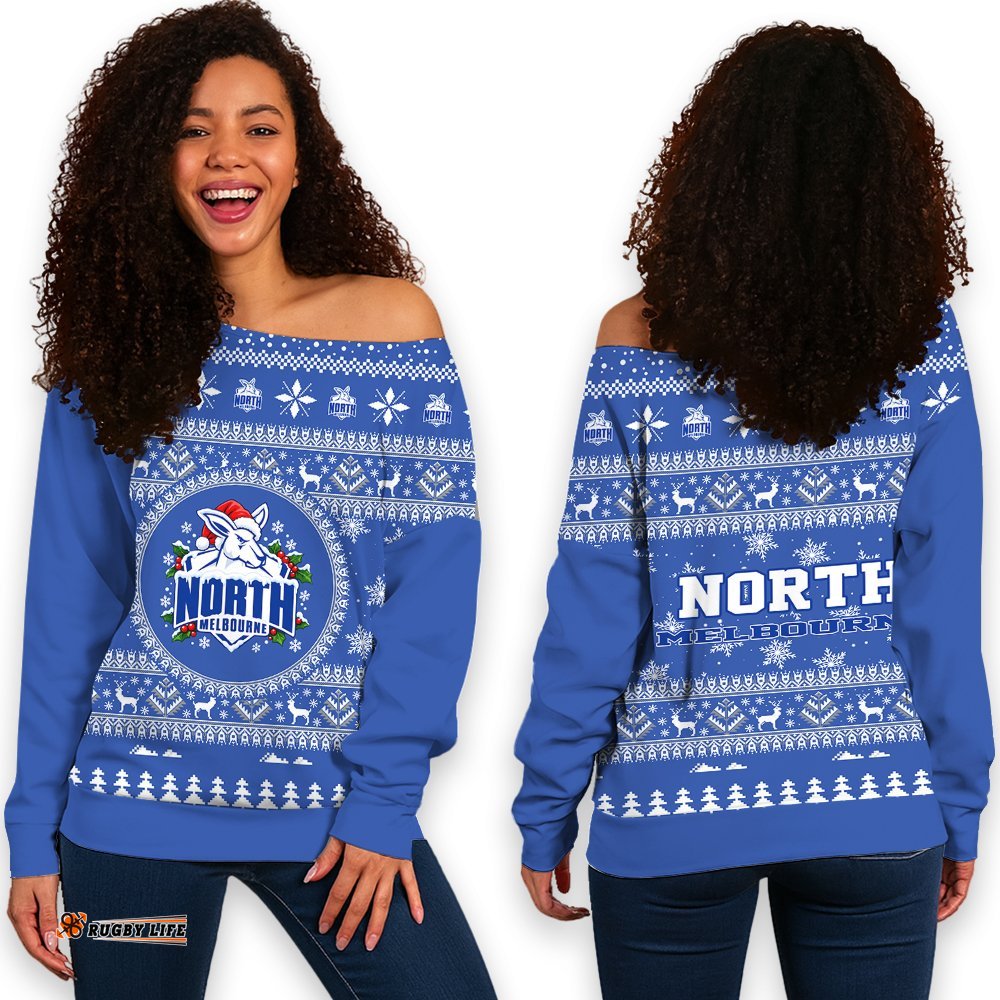 North Melbourne Ugly Christmas Faux Knit Women's Off Shoulder Sweatshirt – Xmas Holiday Gift Pullover