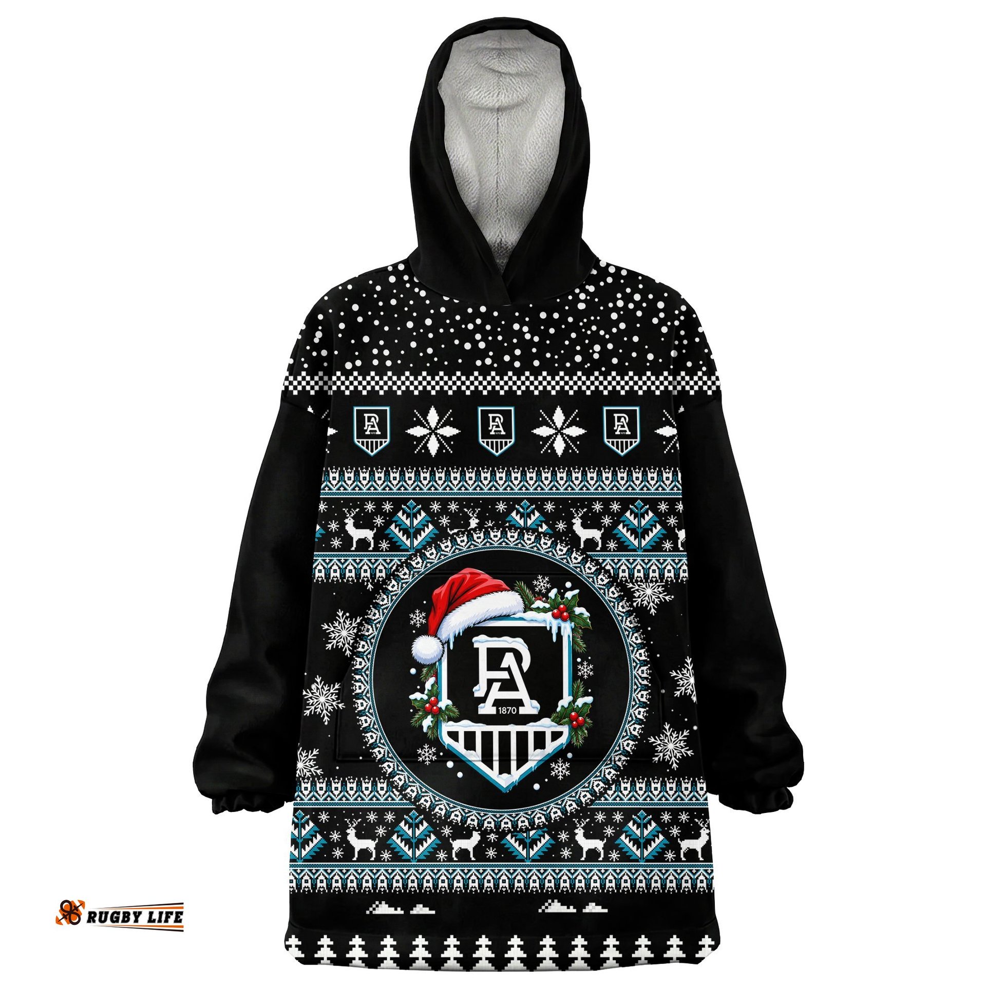 Port Adelaide Power Ugly Christmas Faux Knit Blanket Hoodie – Xmas Holiday Gift Pullover