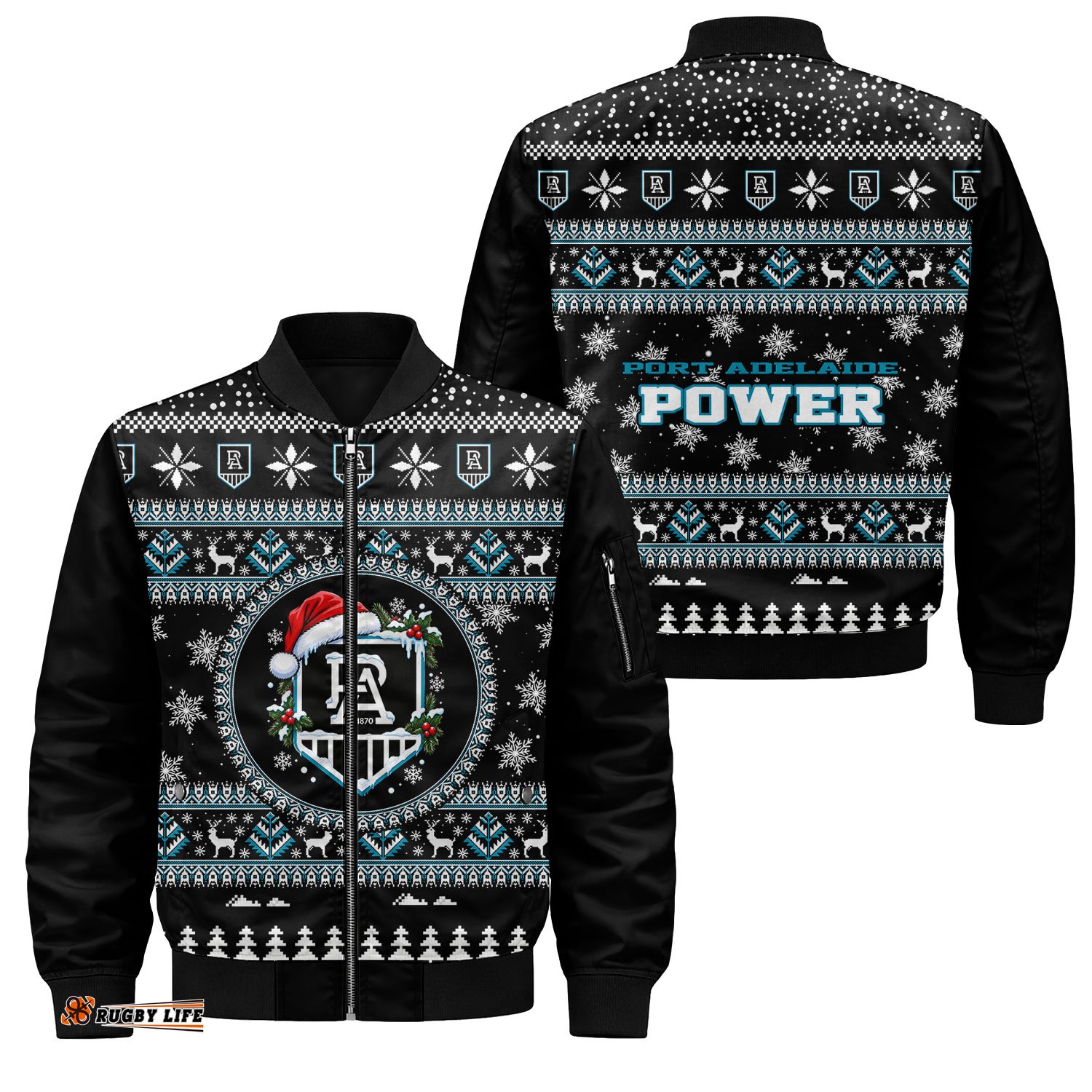 Port Adelaide Power Ugly Christmas Faux Knit Bomber Jacket – Xmas Holiday Gift Pullover