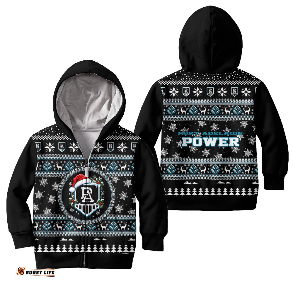 Port Adelaide Power Ugly Faux Knit Christmas Kids Hoodie – Xmas Holiday Gift Pullover