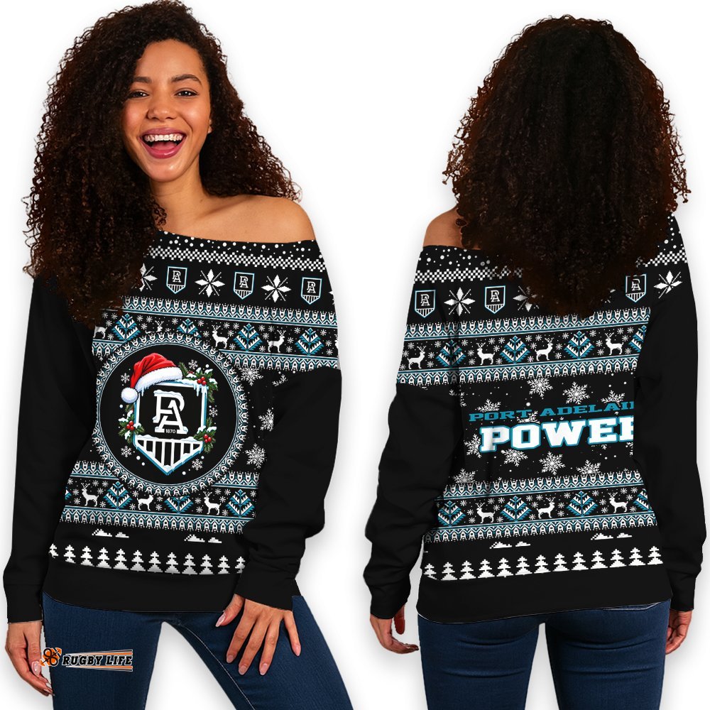 Port Adelaide Power Ugly Christmas Faux Knit Women's Off Shoulder Sweatshirt – Xmas Holiday Gift Pullover