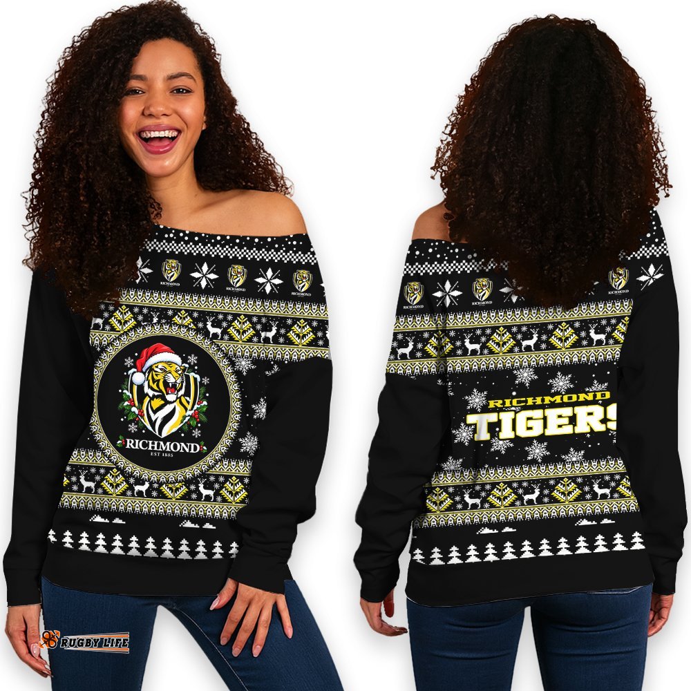 Richmond Tigers Ugly Christmas Faux Knit Women's Off Shoulder Sweatshirt – Xmas Holiday Gift Pullover