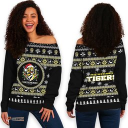 Richmond Tigers Ugly Christmas Faux Knit Women's Off Shoulder Sweatshirt – Xmas Holiday Gift Pullover