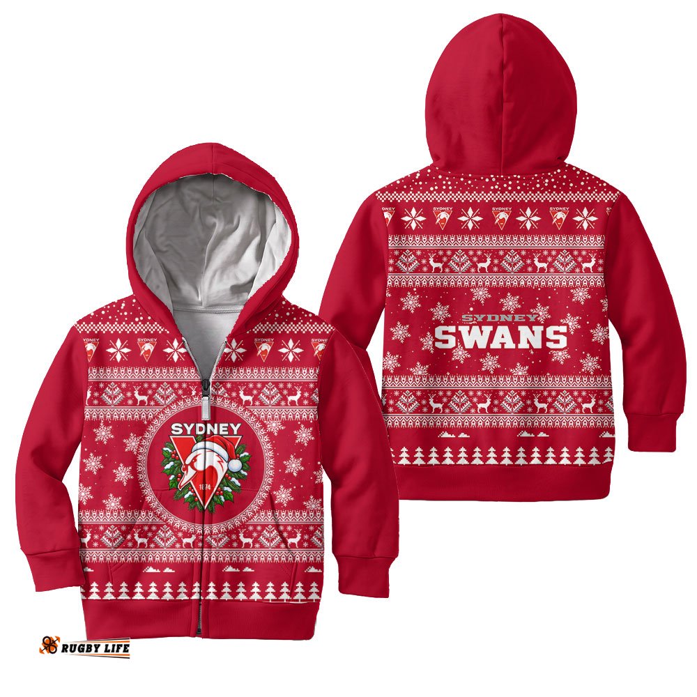 Sydney Swans Ugly Faux Knit Christmas Kids Hoodie – Xmas Holiday Gift Pullover