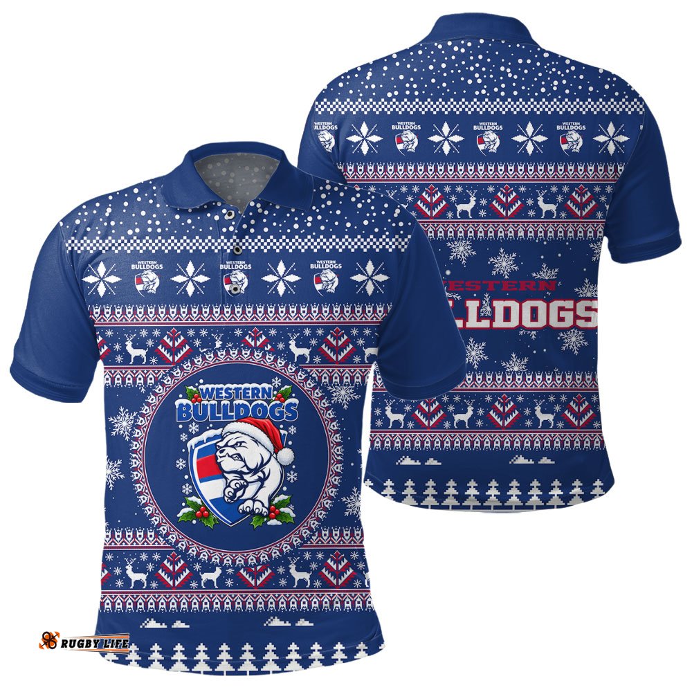 Western Bulldogs Ugly Christmas Faux Knit Polo Shirt – Xmas Holiday Gift Pullover