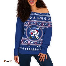 Western Bulldogs Ugly Christmas Faux Knit Women's Off Shoulder Sweatshirt – Xmas Holiday Gift Pullover