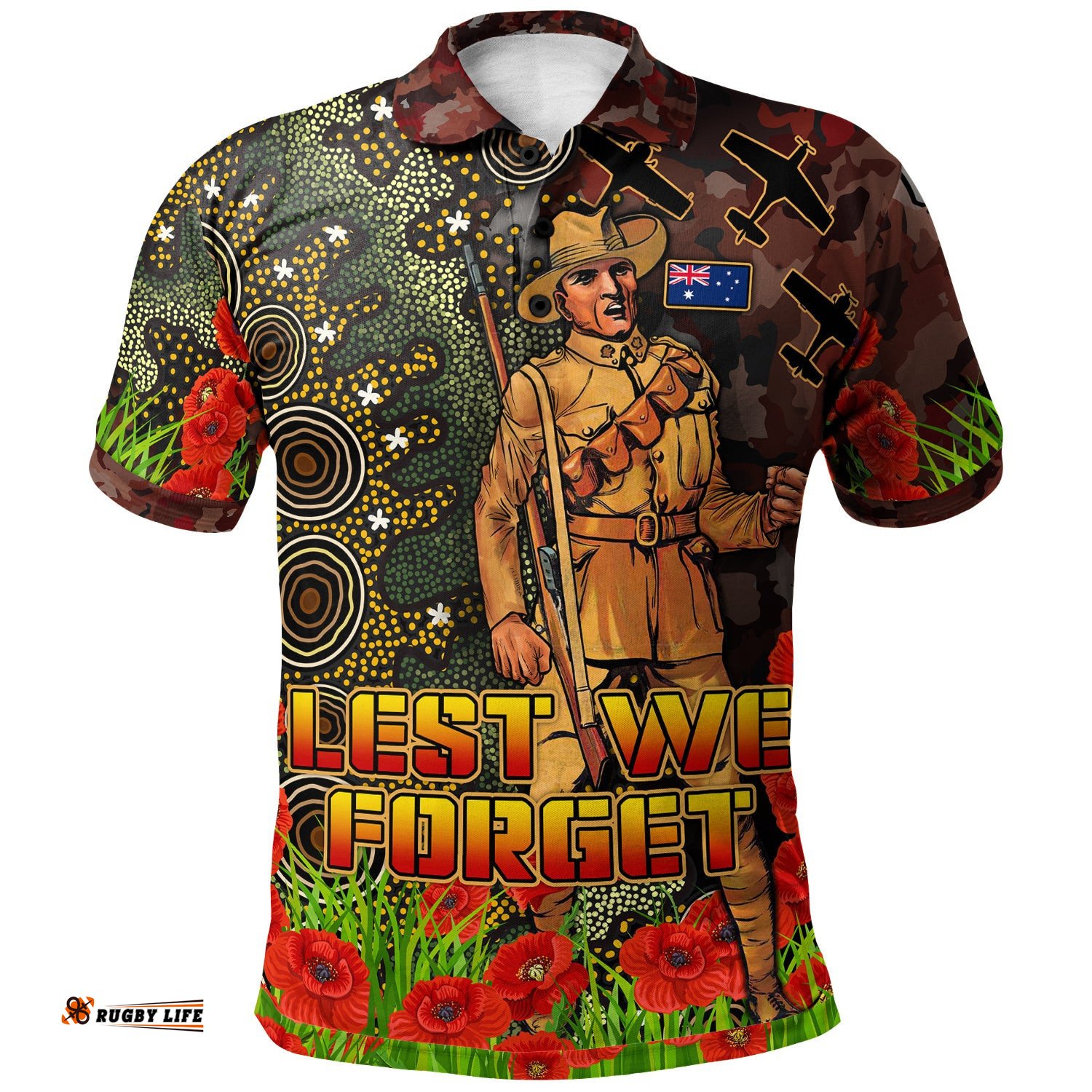 Australia Anzac Polo Shirt - Anzac Soldier with Remembrance Poppy and Indigenous Patterns Polo Shirt Amazing Aussie